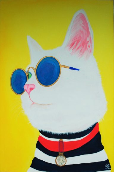 Bekleidete Katze mit Sonnenbrille und rotem Halsband