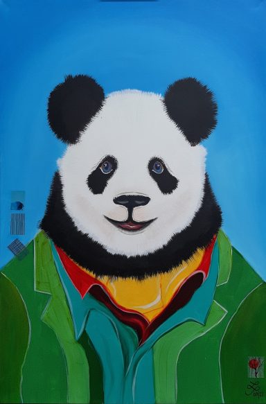 Pandabär mit Jacke, Hemd und gelbem Schal